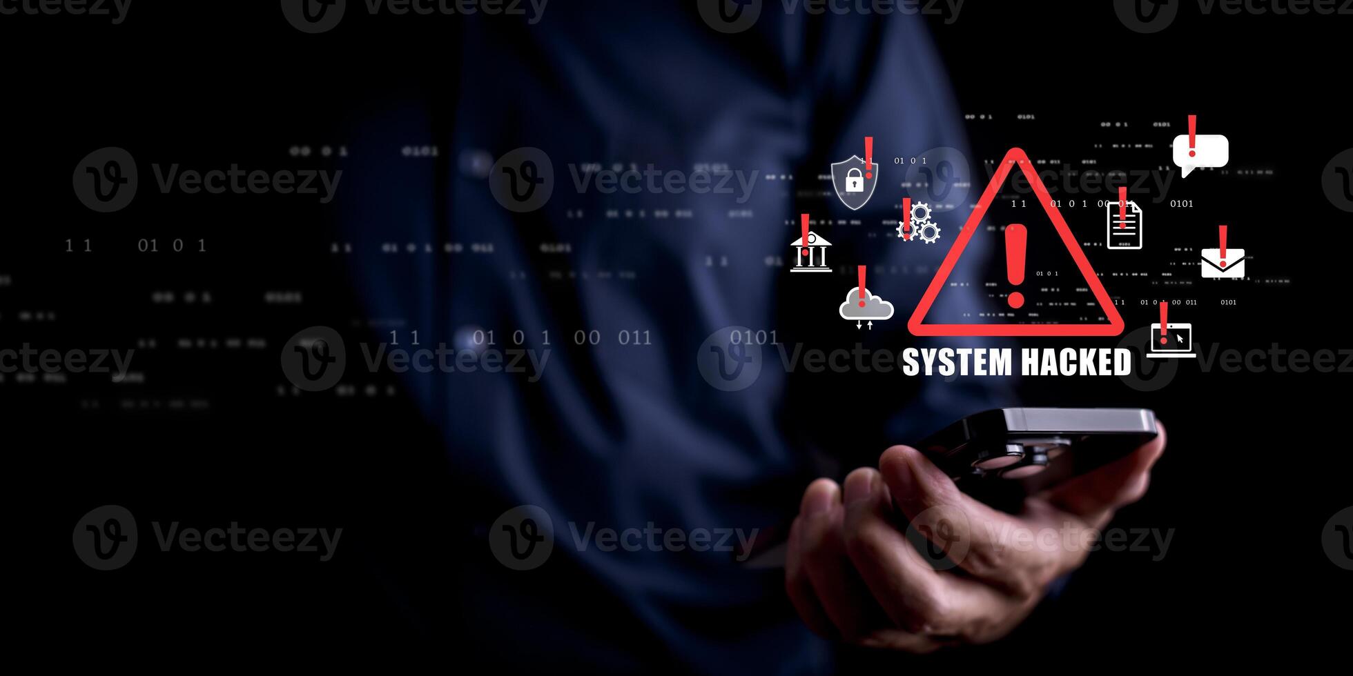programmer using laptop with triangle caution warning sign for notification error system , hacker attacks and hacking data, cyber crime, cyber security photo