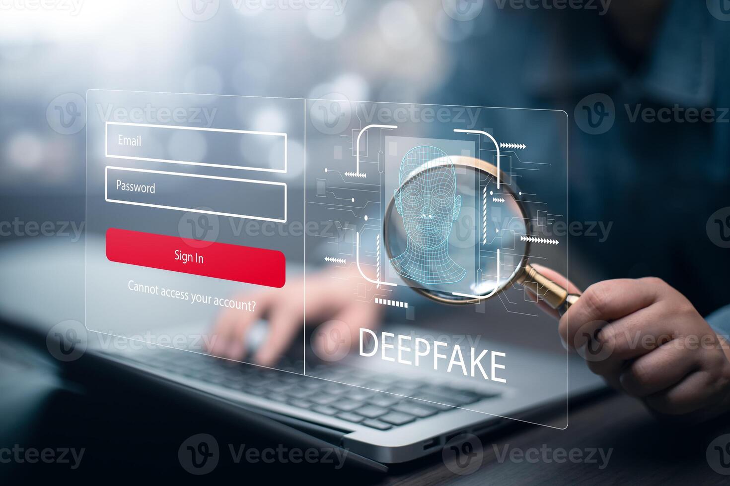 Deepfake concept ,Facial tracking, detection and recognition technology, Security system.cyber security, Login, User, identification information security secure access to users personal information photo