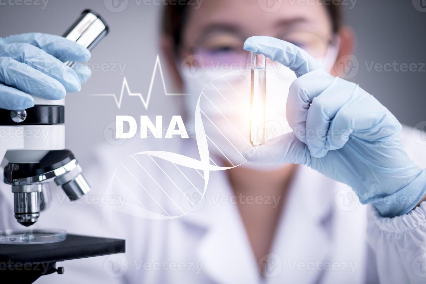 research and developement concept lab scientist biotechnologist holding glass ampoule phial with DNA strand,molecule of two polynucleotide chains forming double helix carrying photo