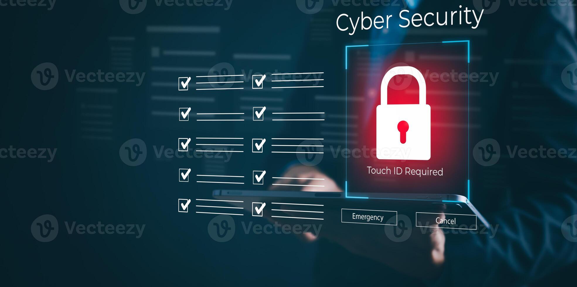 Cyber security and Security password login online concept Hands typing and touch ID username and password of social media, log in with computer to online Important information, data protection hacker photo