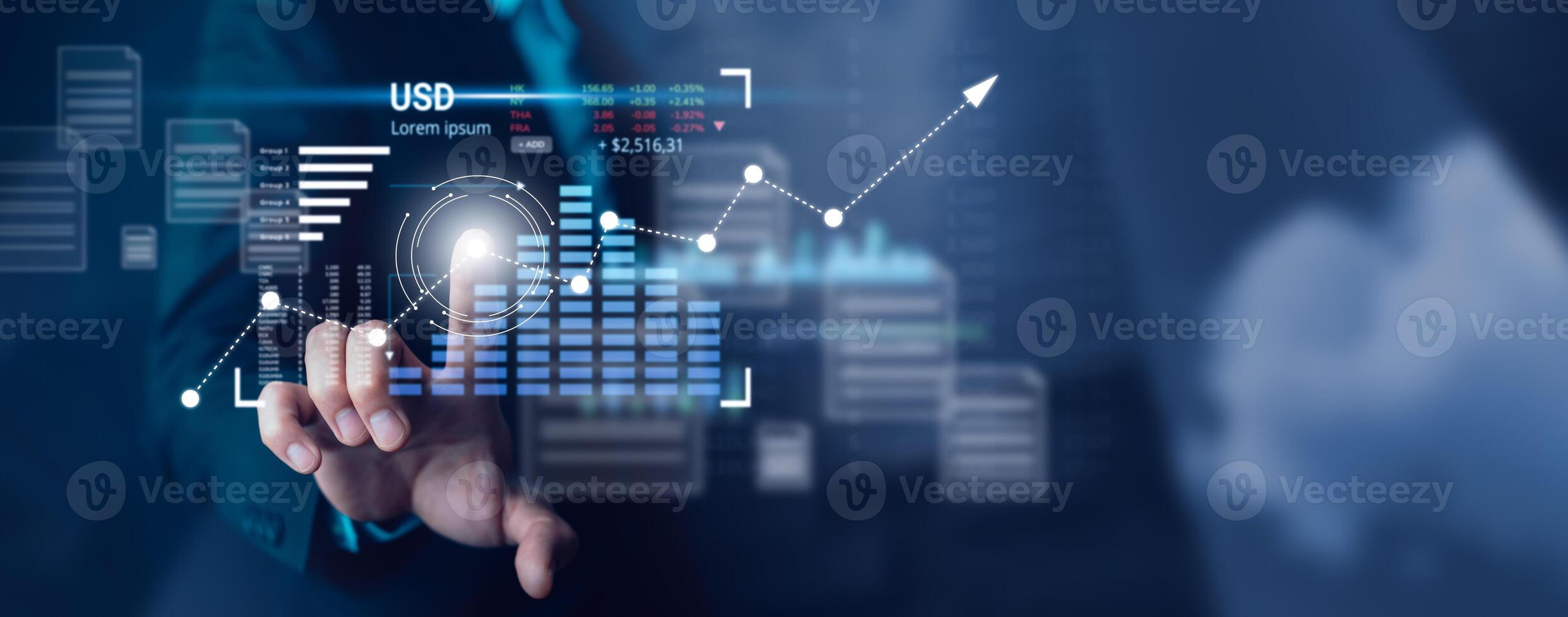 Businessman touchscreen line of Stock market or forex trading graph and candlestick chart suitable for financial investment concept,Economy trends background for business idea and all art work design. photo