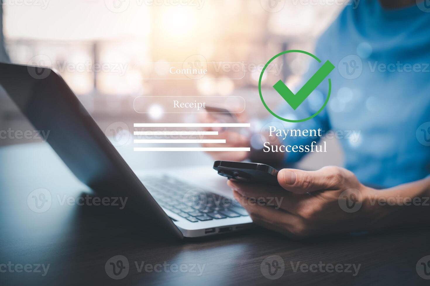 Online payment with digital marketing, Smartphone with banking online bill payment Approved concept button, credit card and network connection icon on business technology virtual screen background photo