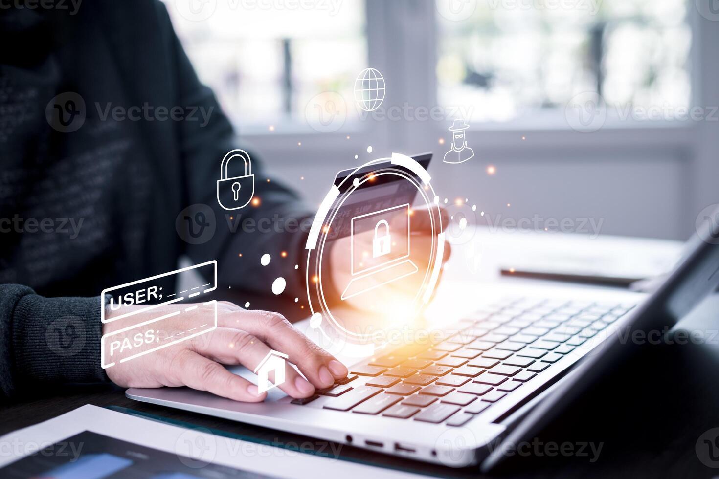 Cyber security and Security password login online concept Hands typing and touch ID username and password of social media, log in with computer to online Important information, data protection hacker photo