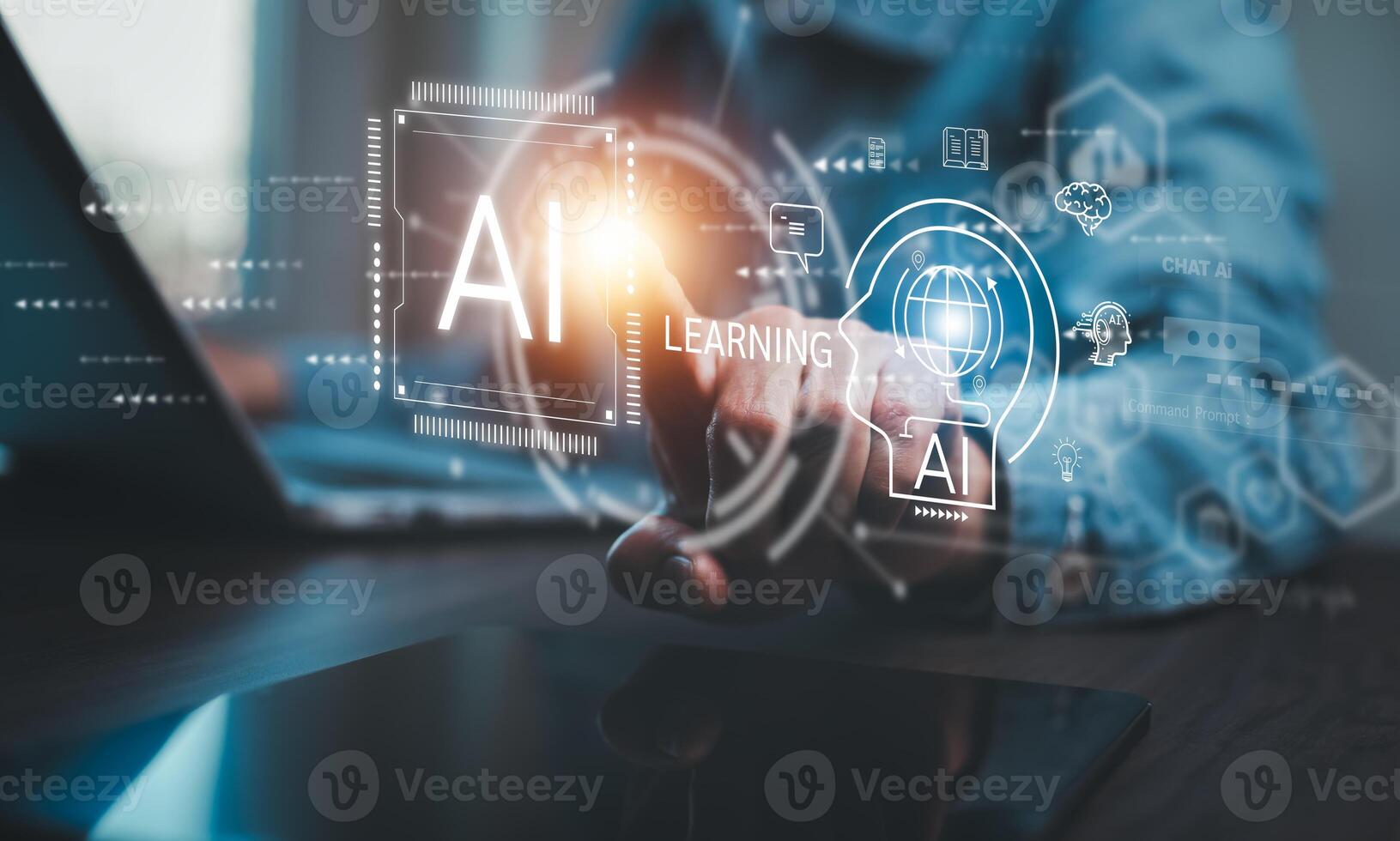 Programmer people working laptops or smartphones with AI, artificial intelligence software engineer coding on laptop computers with technology icons and binary code, big data, Ai bot digital machine photo