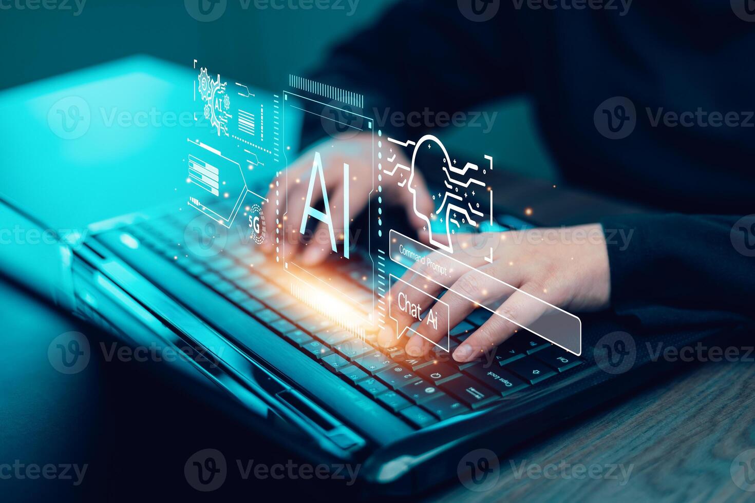 Programmer people working laptops or smartphones with AI, artificial intelligence software engineer coding on laptop computers with technology icons and binary code, big data, Ai bot digital machine photo