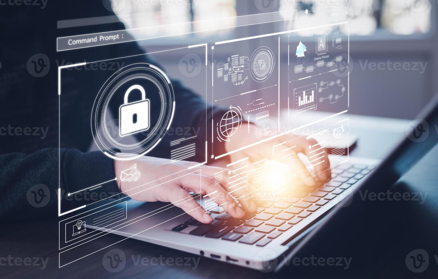 Cyber security and Security password login online concept Hands typing and touch ID username and password of social media, log in with computer to online Important information, data protection hacker photo