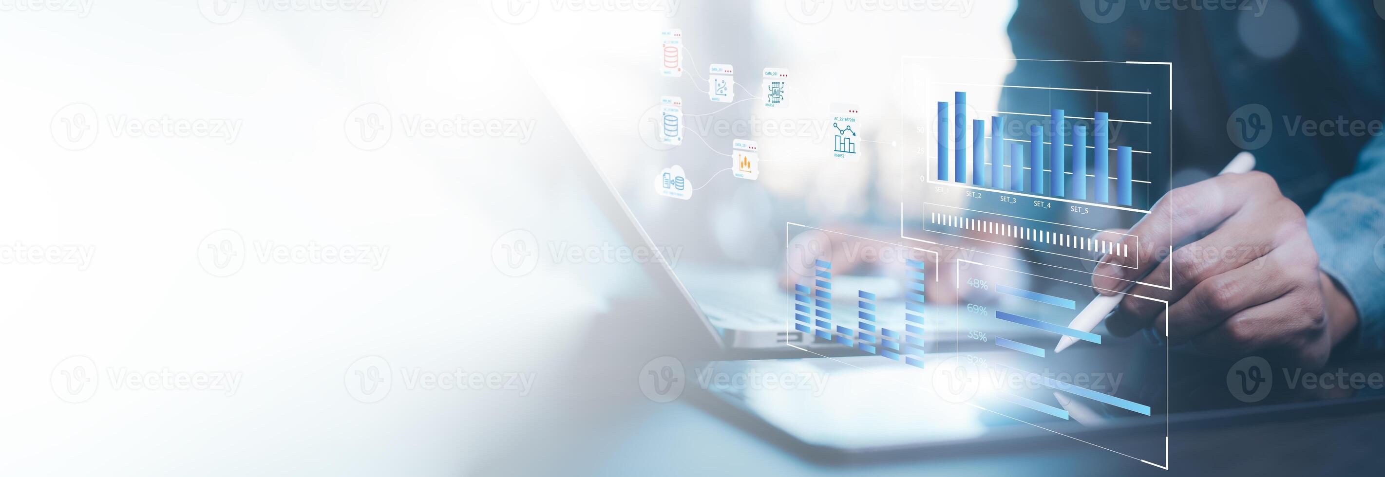 Working Data Analytics and Data Management Systems and Metrics connected to corporate strategy database for Finance, Intelligence, Business Analytics with Key Performance Indicators, social network photo