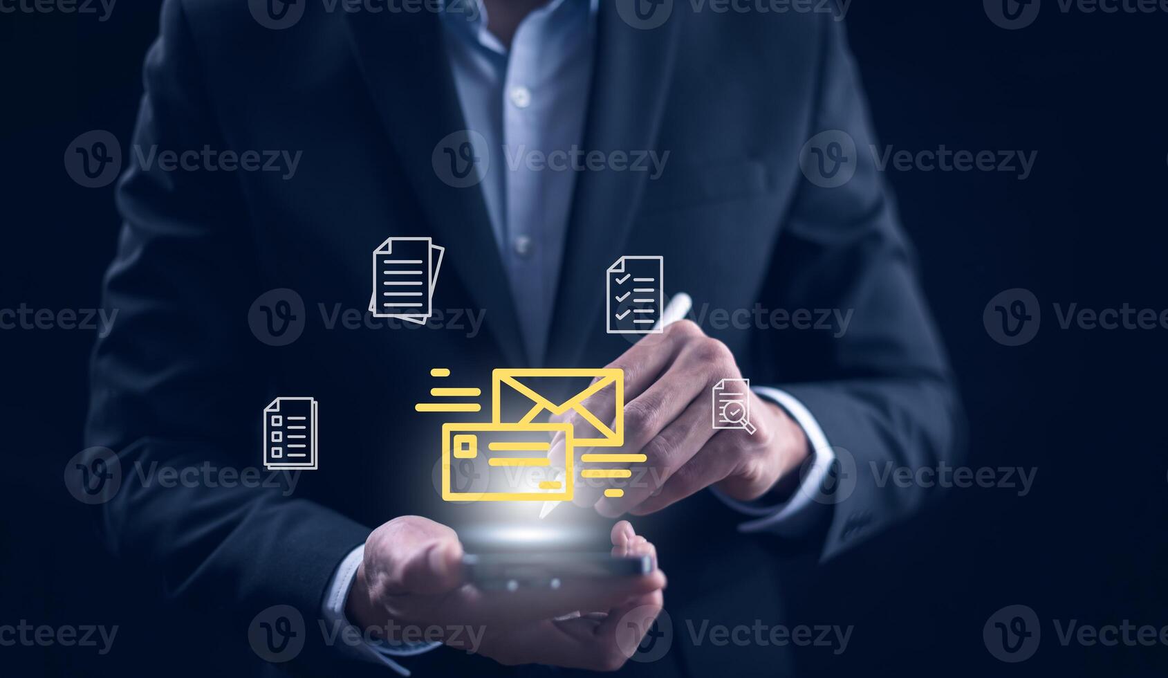 Businessman sending email by laptop computer to customer, business contact and communication, email icon, email marketing concept, send e-mail or newsletter, online working internet network. photo