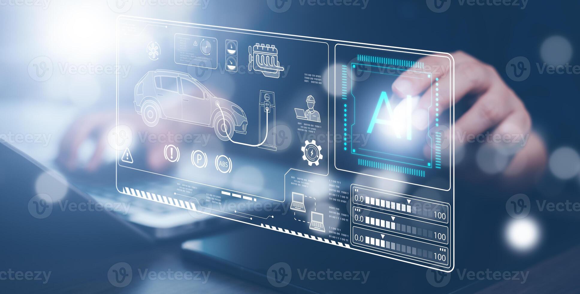 Industrial Engineer and AI, Artificial Intelligence concept, Manager Technical Industrial Engineer people and control robotics with monitoring system software and icon industry, Car EV technology photo