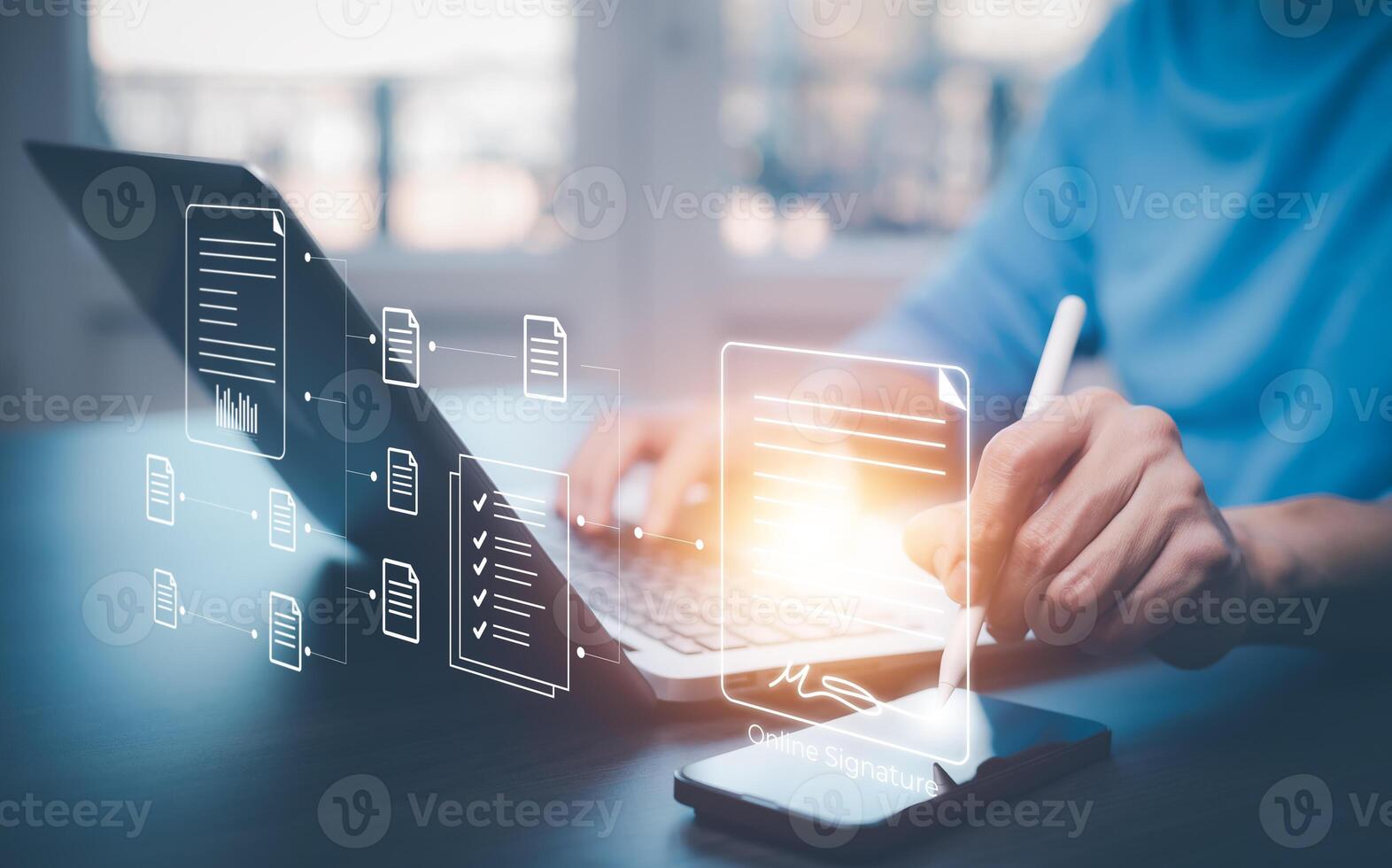Signing electronic documents on digital documents Online, businessman with contract Electronic signature, e-signing, digital document management, paperless office, signing business contract concept, photo