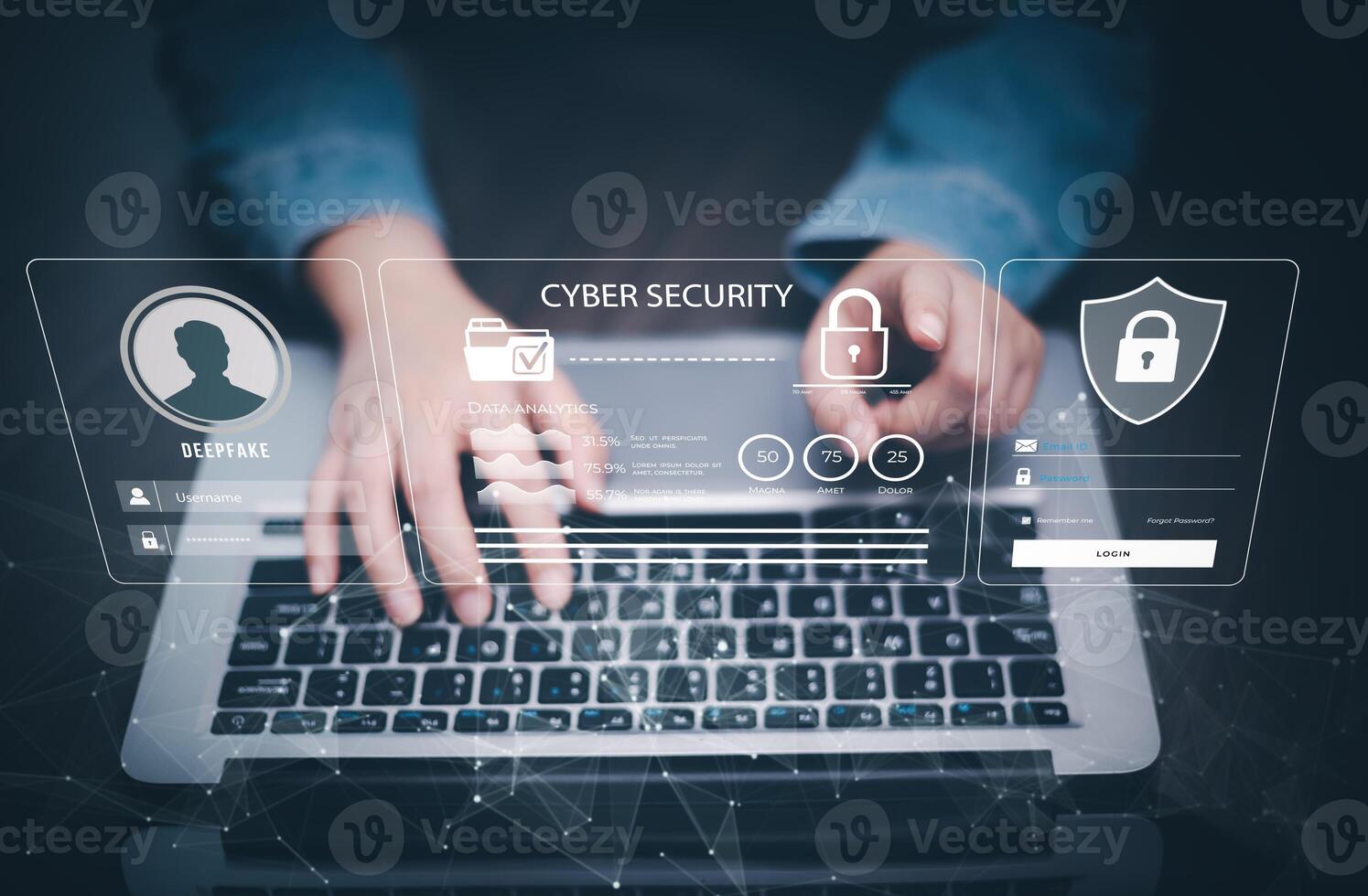 Cyber security and Security password login online concept Hands typing and touch ID username and password of social media, log in with computer to online Important information, data protection hacker photo