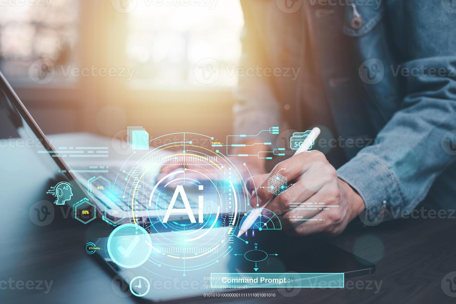 Programmer people working laptops or smartphones with AI, artificial intelligence software engineer coding on laptop computers with technology icons and binary code, big data, Ai bot digital machine photo