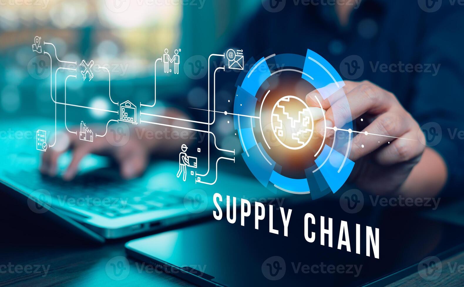 Supply Chain Management concept transportation and logistic suppliers, import export and transport industry. network distribution growth. container cargo ship and trucks of industrial cargo freight photo