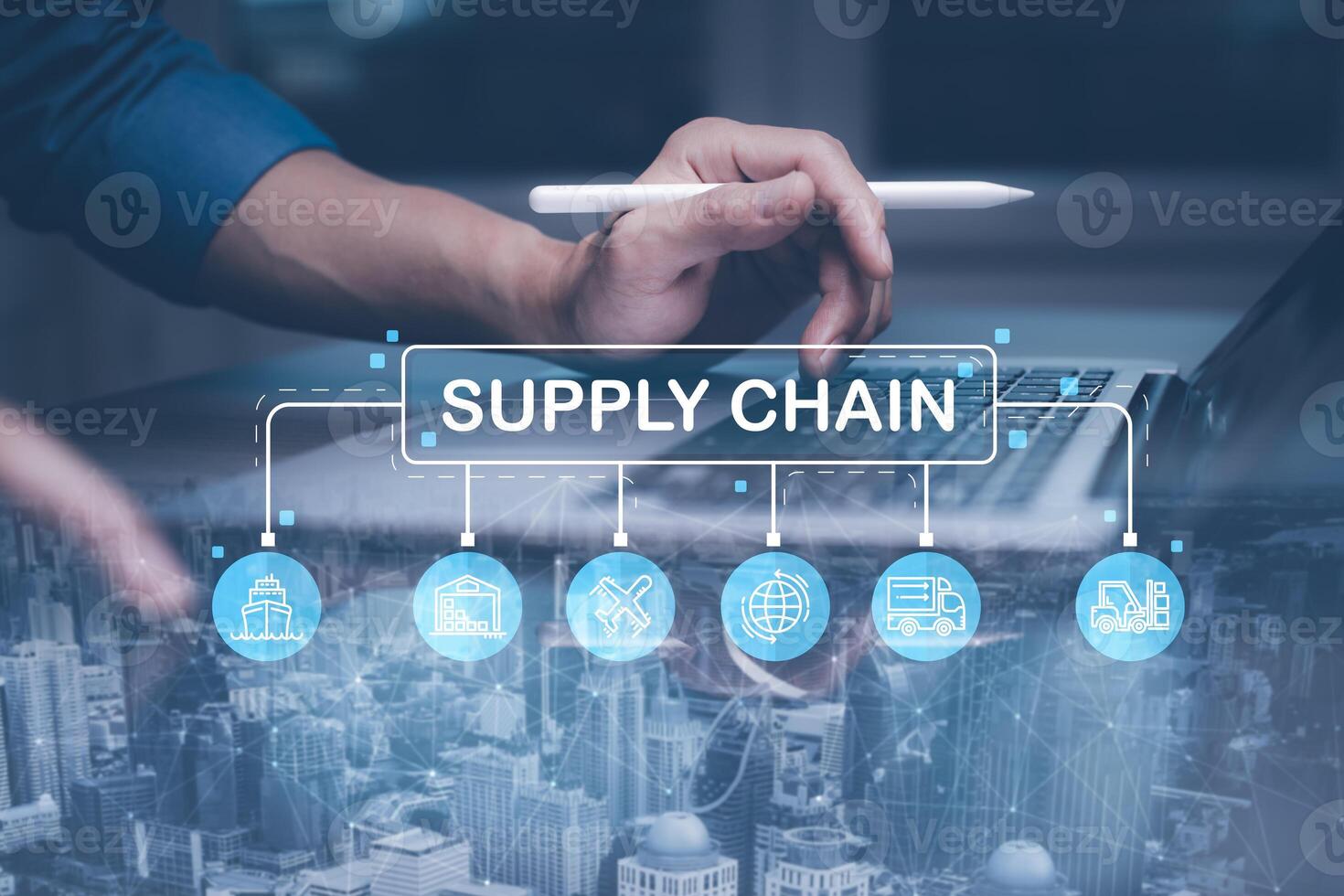 Supply Chain Management concept transportation and logistic suppliers, import export and transport industry. network distribution growth. container cargo ship and trucks of industrial cargo freight photo