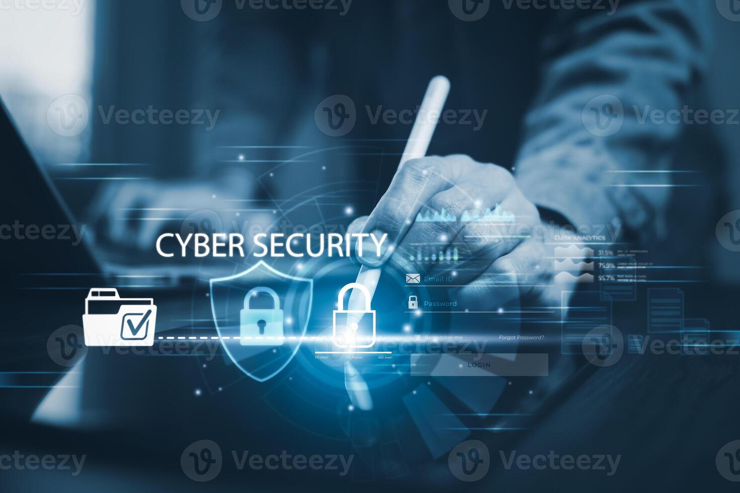 Cyber security and Security password login online concept Hands typing and touch ID username and password of social media, log in with computer to online Important information, data protection hacker photo