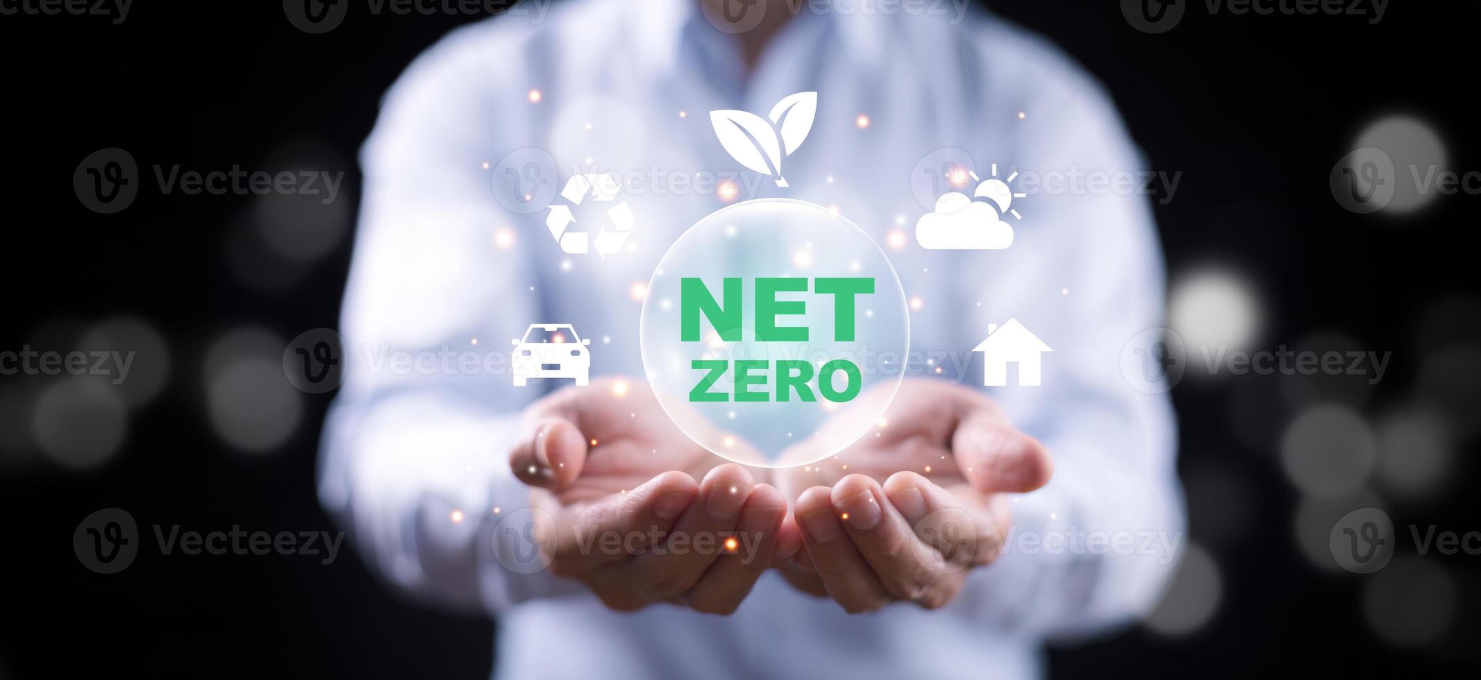 hand with icons Net Zero and carbon neutral concept in the hand with icons, natural and environment concept photo