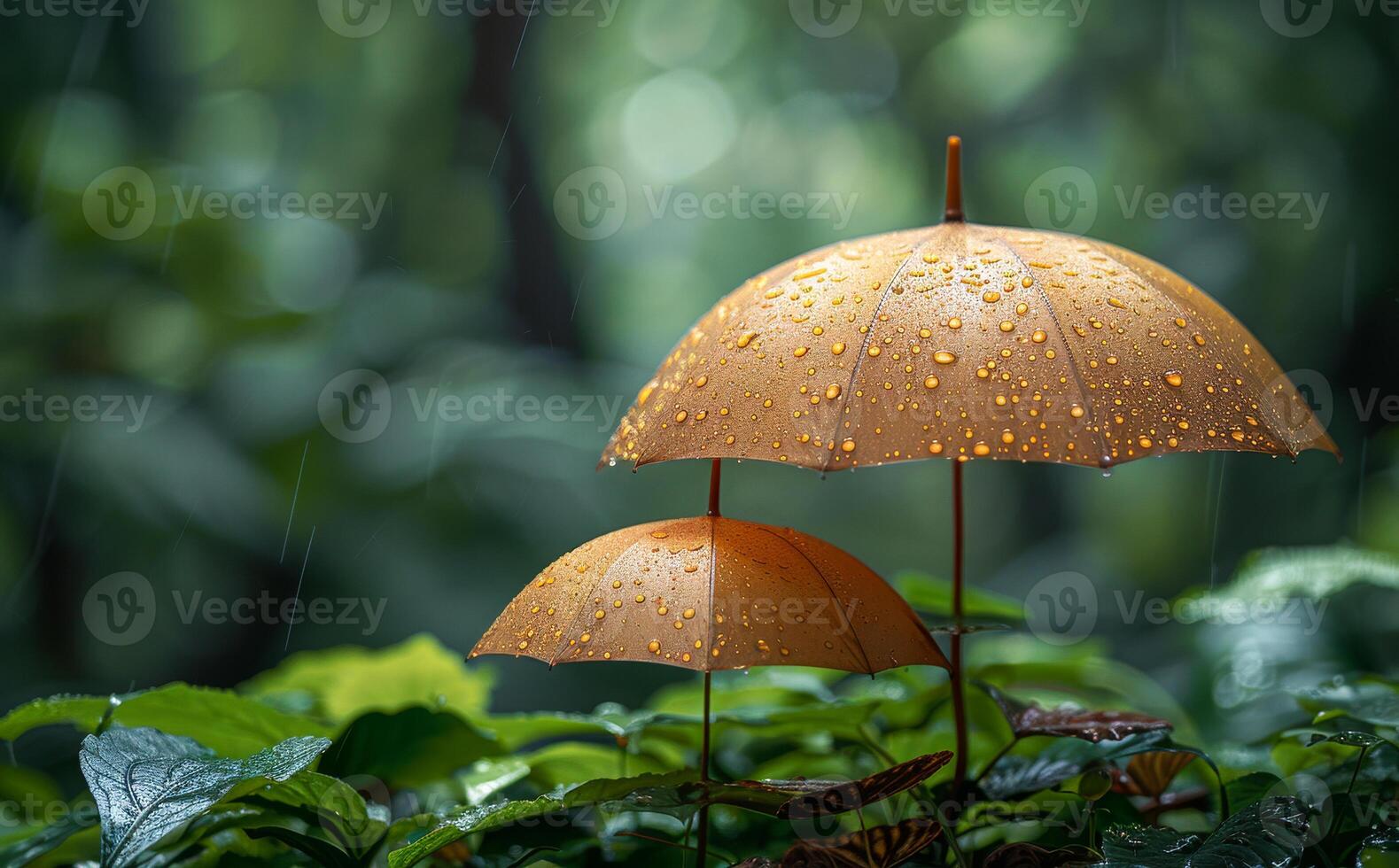 Two Umbrellas In A Rain-Soaked Forest. Two brown umbrellas stand tall amidst a lush, green forest during a rainstorm. photo