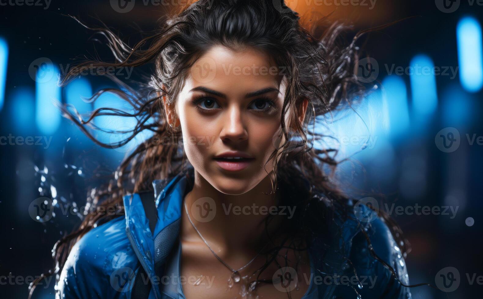Woman Running With Windblown Hair in Blue Jacket photo