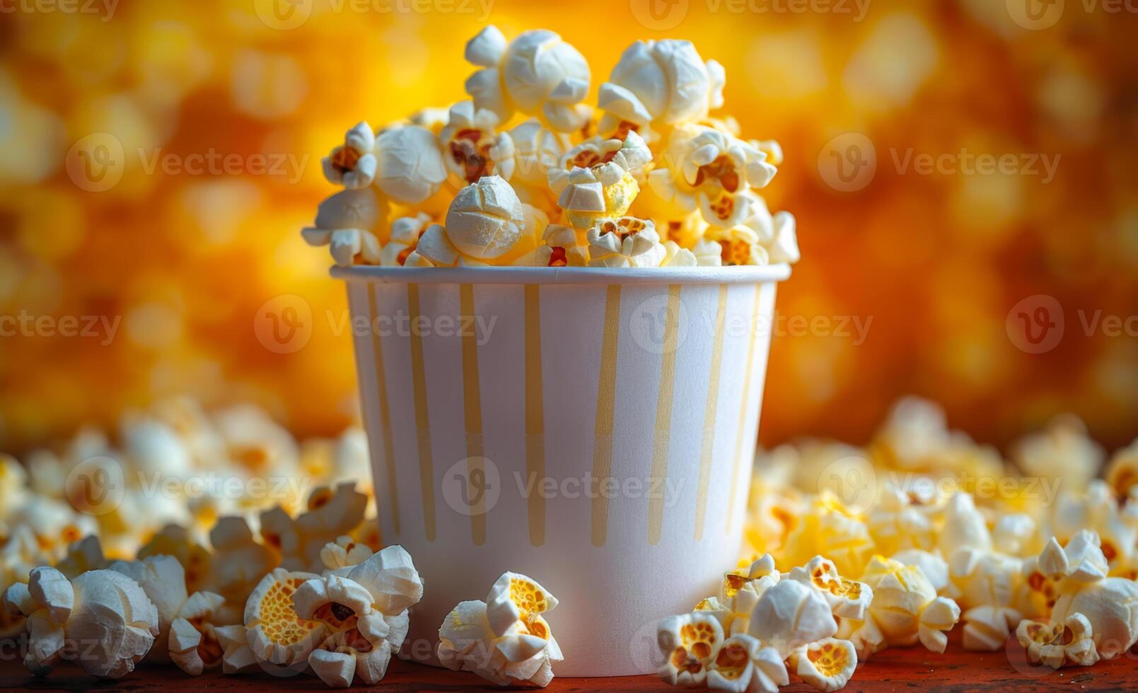 Buttered Popcorn in a Striped Cup. A close-up of a white paper cup overflowing with freshly popped popcorn. photo