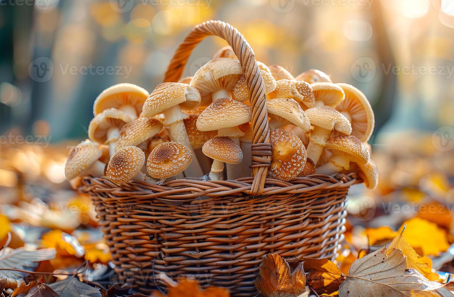 A basket full of mushrooms on a forest floor. The basket is brown and woven. The mushrooms are tan and have a brown cap. photo