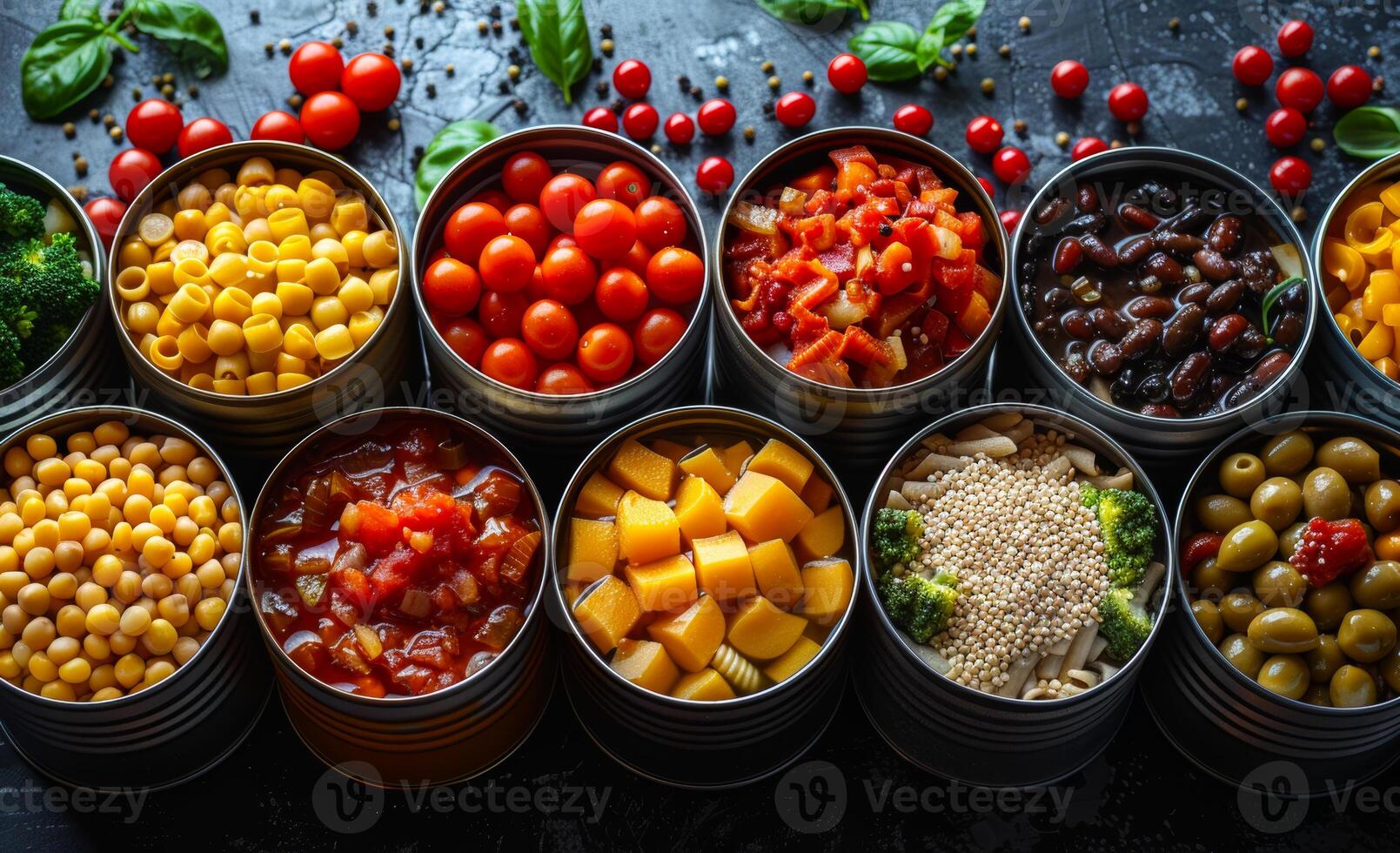 Assortment of Canned Goods on Black Background photo