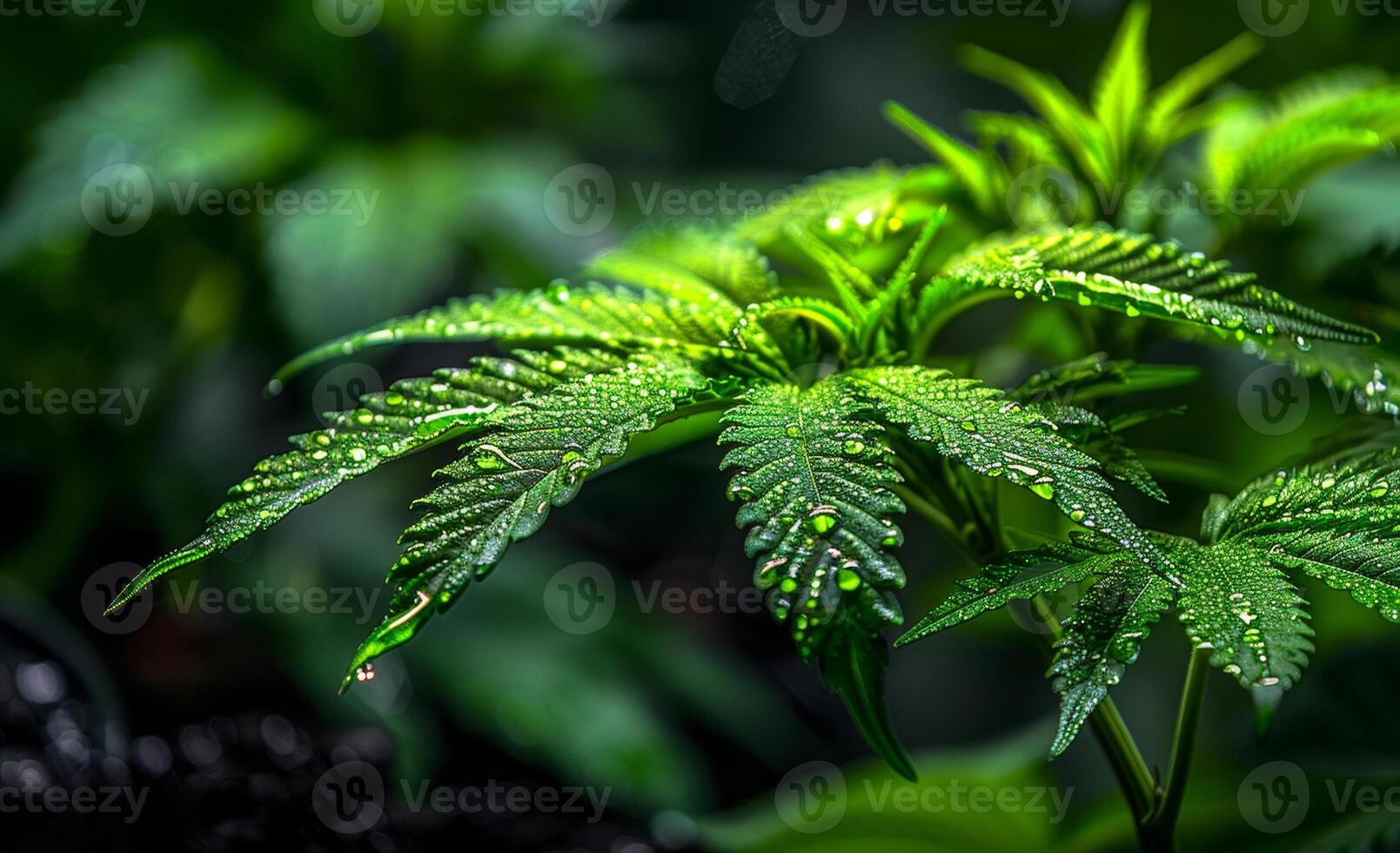 A leafy green plant with droplets of water on it. The droplets are small and scattered, giving the plant a fresh and lively appearance photo