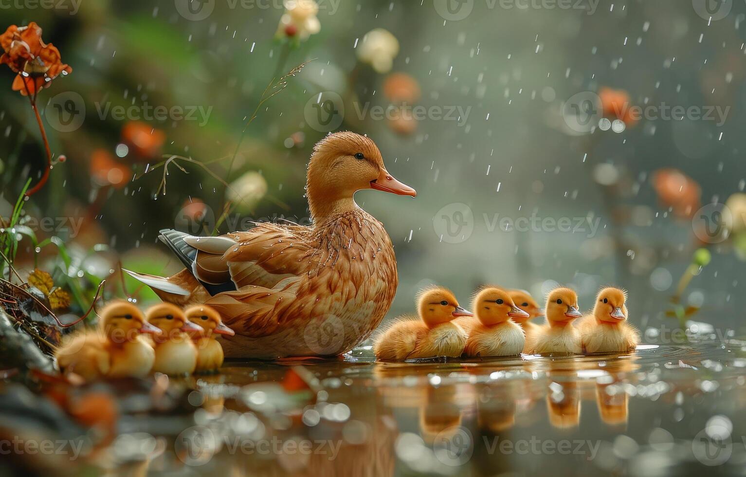 A mother duck and her ducklings are in a pond photo