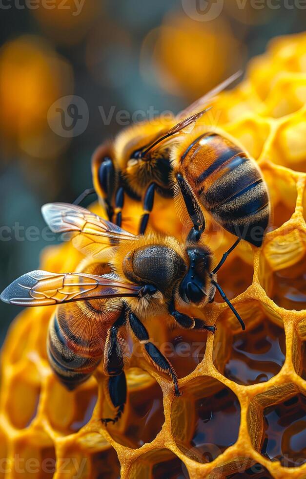 Bees on Honeycomb Close Up photo