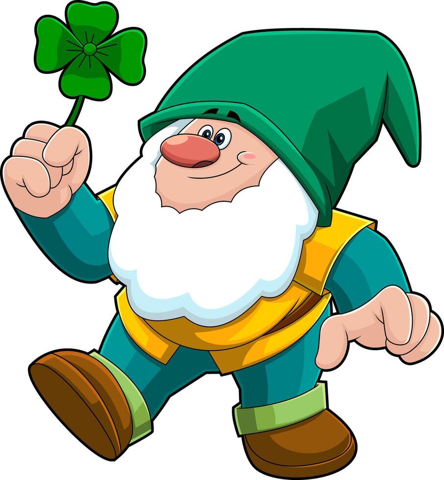 Happy Gnome Or gnome Cartoon Character With Four Leaf Clover vector
