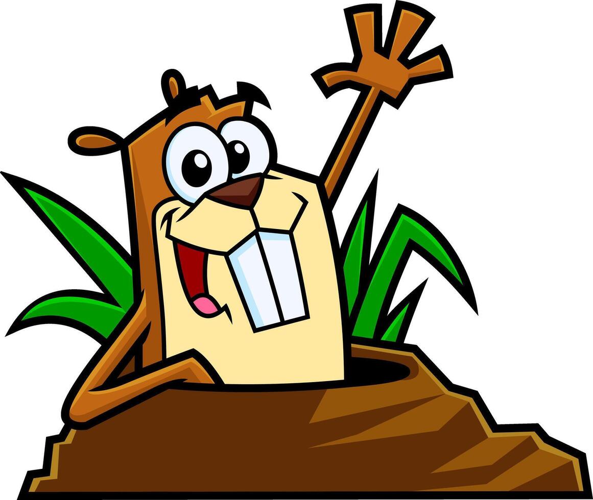 Cute Marmot Cartoon Character Emerging From A Hole And Waving vector