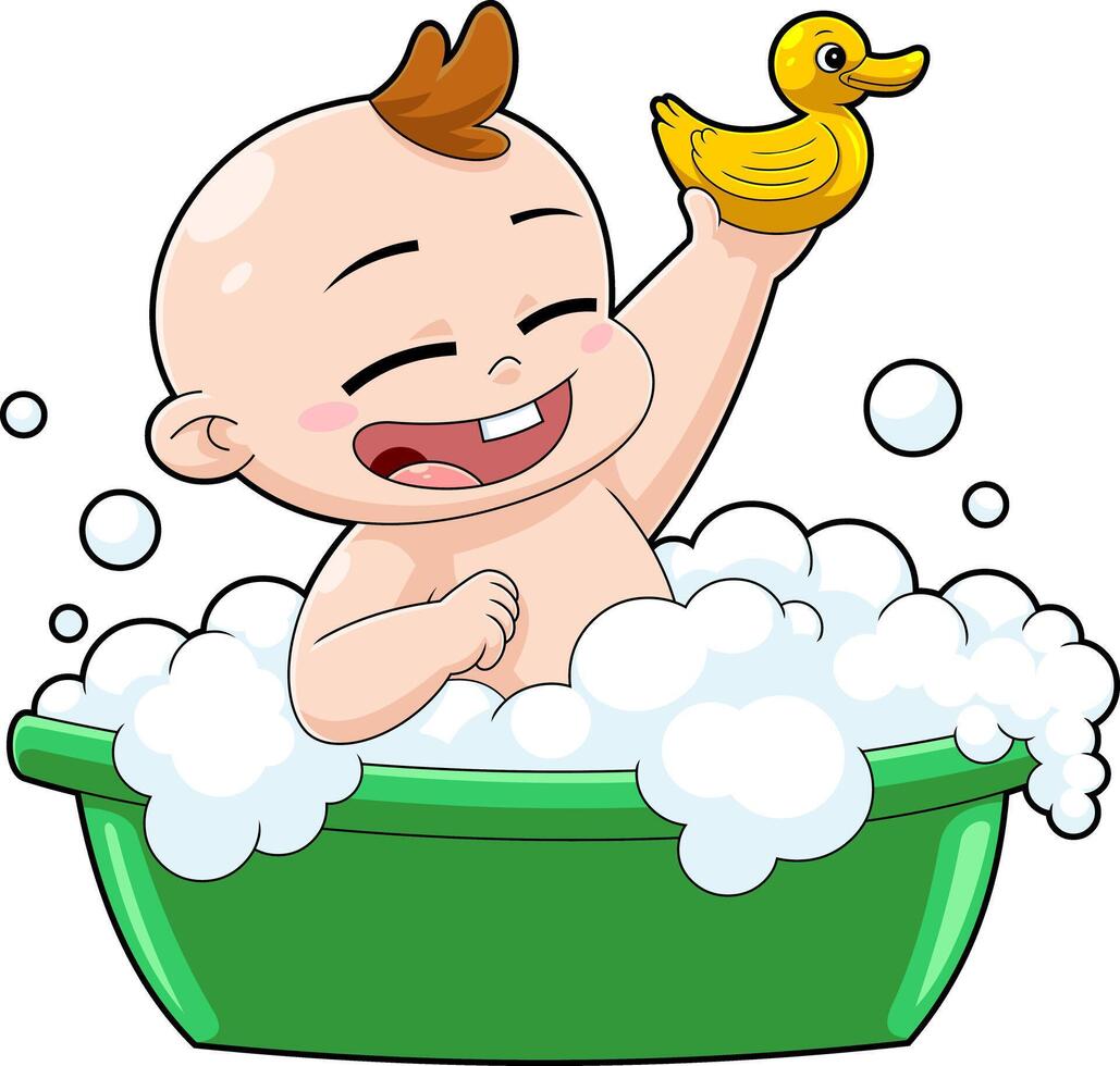 Happy Baby Boy Cartoon Character Bathes In A Basin vector