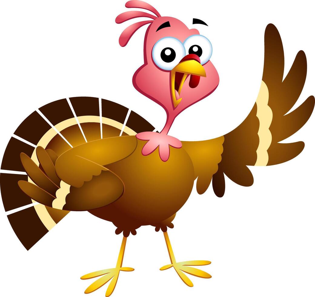 Cute Turkey Baby Cartoon Character Waving For Greeting vector