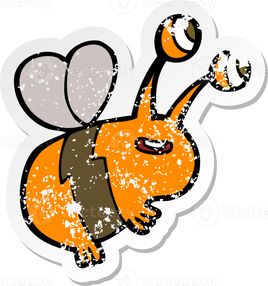 retro distressed sticker of a cartoon happy bee drawing png