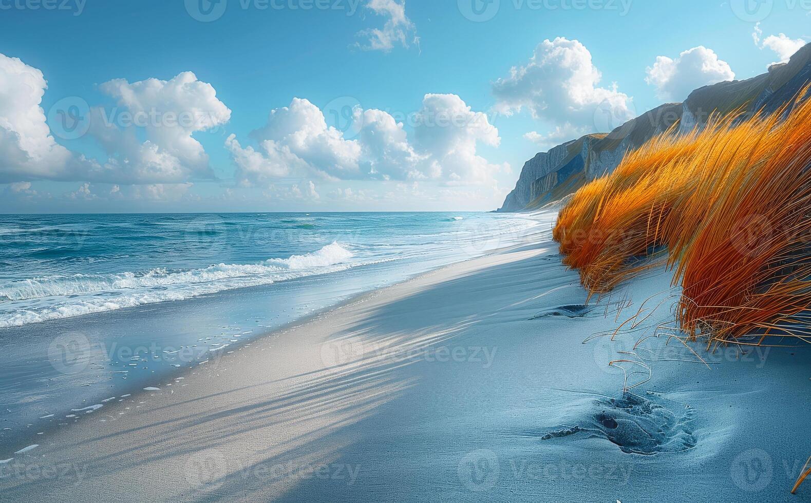 Sandy Beach With Grass and Cliffs. A beautiful sandy beach with blue waves lapping at the shore, backed by a grassy cliff and blue skies. photo
