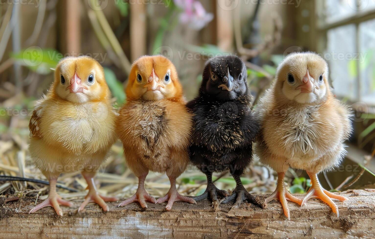 Four Baby Chicks Standing on a Log photo