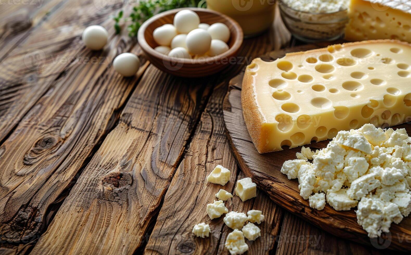 Swiss Cheese, Cottage Cheese, and Eggs on Wooden Table photo