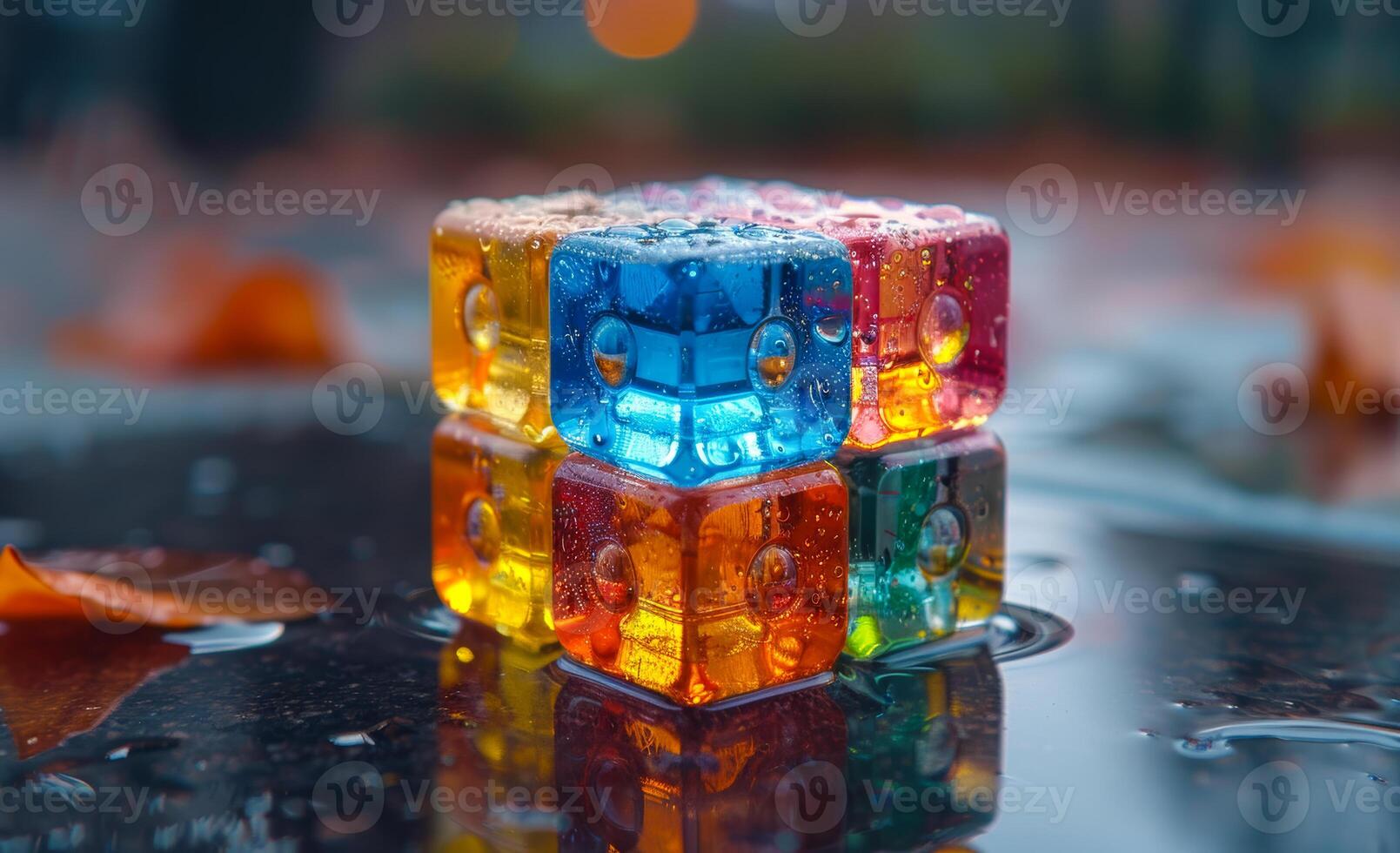 Colorful Cubes in Wet Pavement. A close-up shot of colorful cubes sitting in a puddle of water on wet pavement. photo