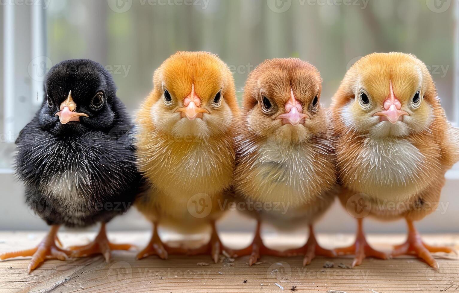 Four Chicks Standing In A Row. Four young chicks, one black and three yellow, stand in a row on a wooden surface. photo