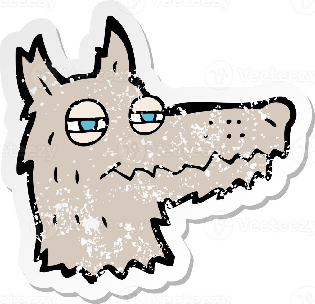retro distressed sticker of a cartoon smug wolf face drawing png