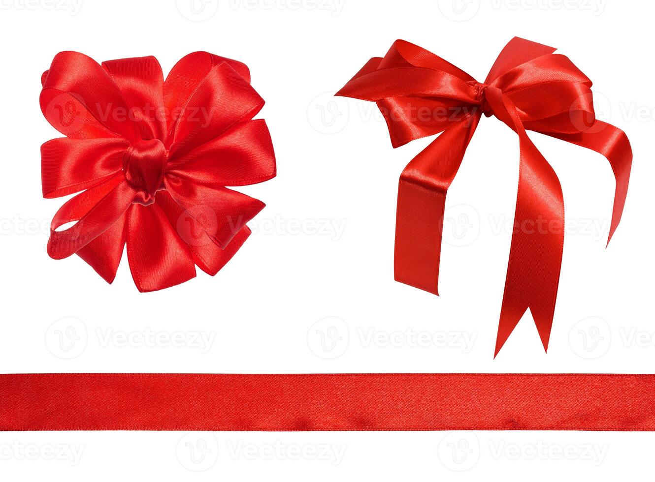 Red silk ribbon and bow on isolated background, decor for gift photo