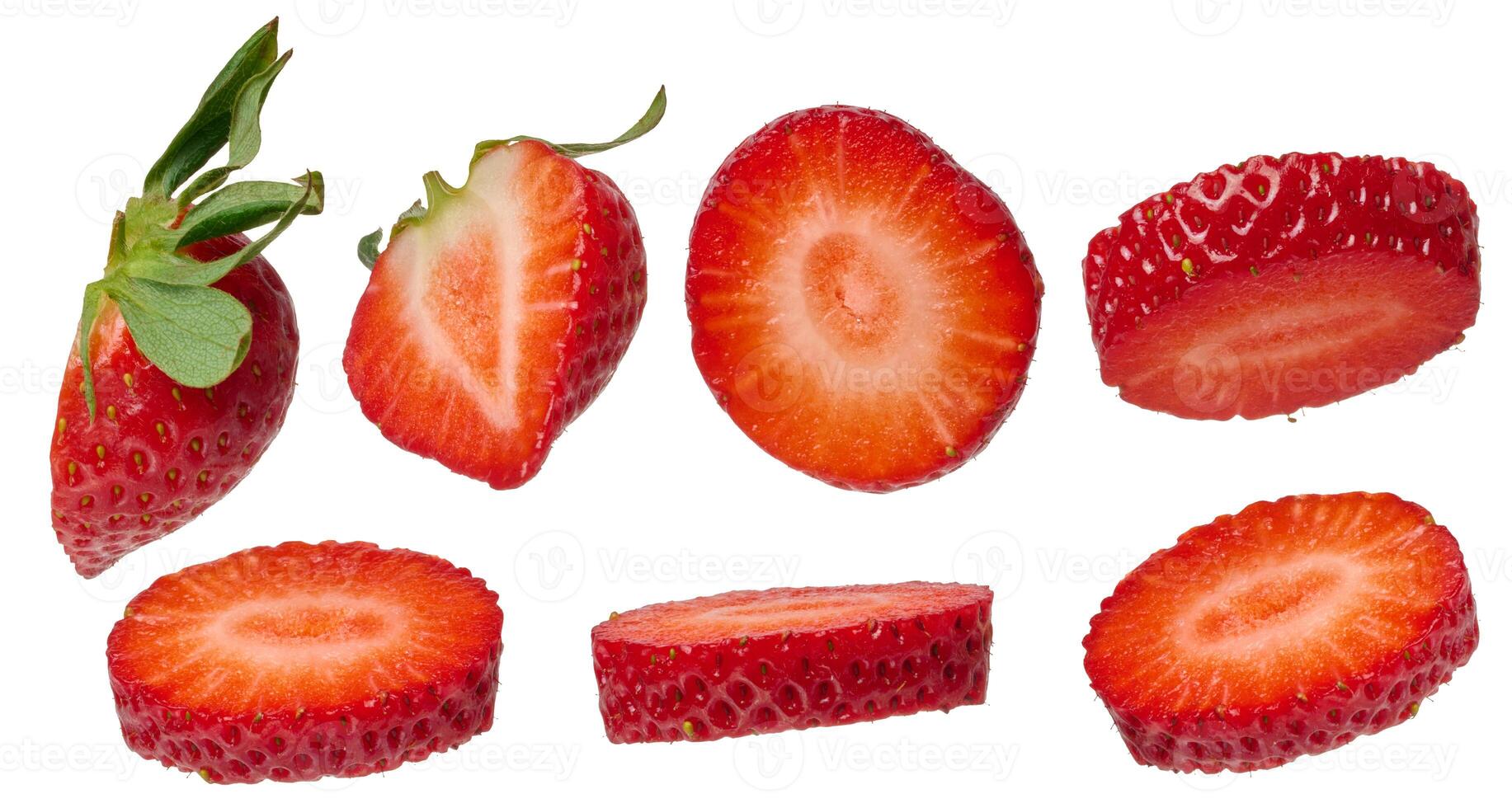 Pieces of ripe red strawberries on isolated background, set photo