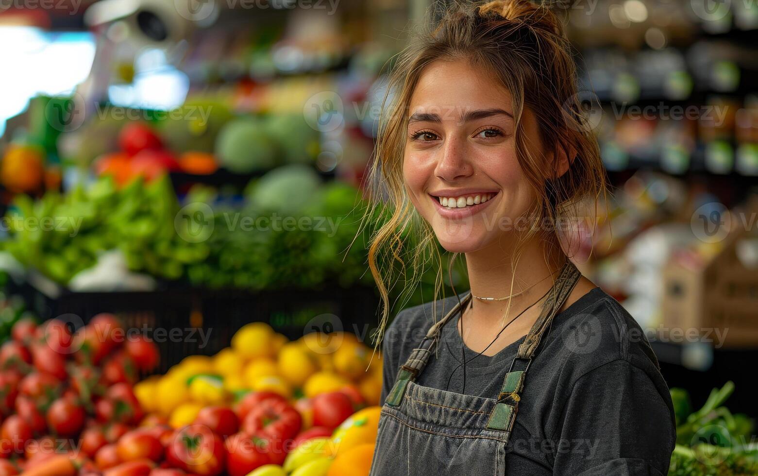 Smiling Produce Worker in Grocery Store photo