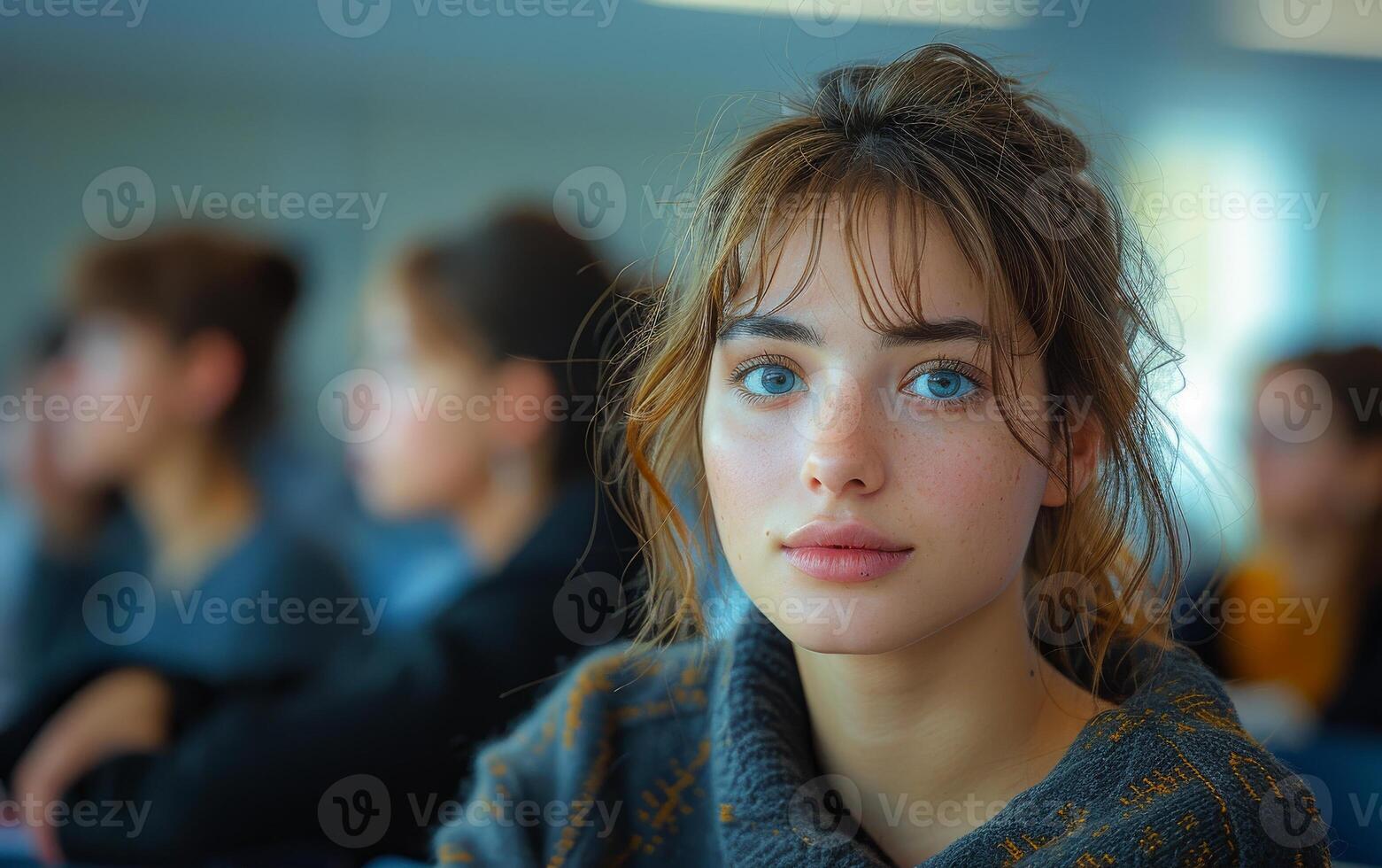 Young Woman With Blue Eyes In Classroom. A young woman with long brown hair and blue eyes stares at the camera. photo