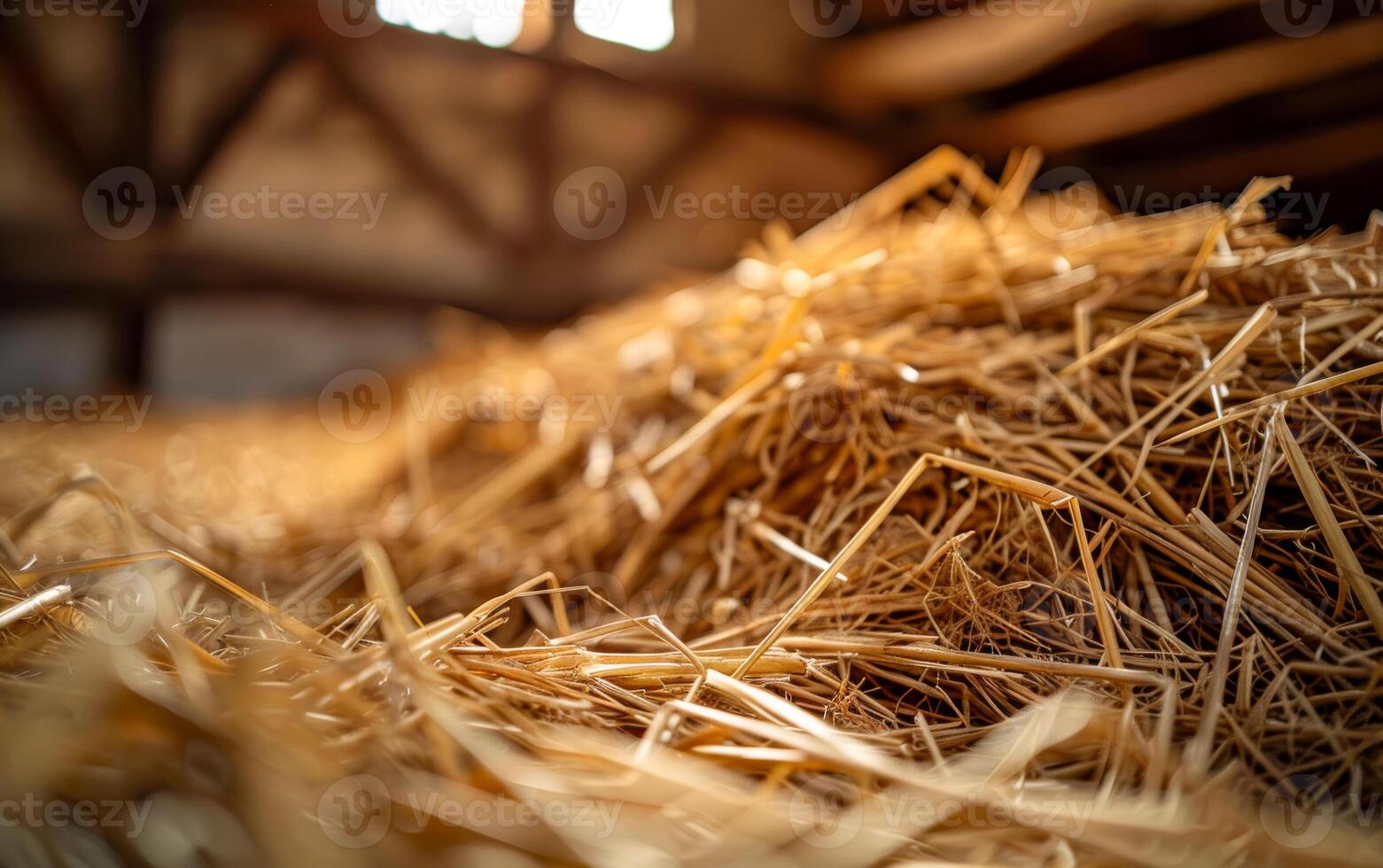 Hay Bale In A Barn. A close-up image of a hay bale inside a barn. The hay is in focus and the background is blurry. photo