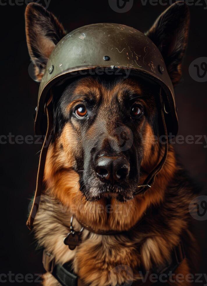 German Shepherd Wearing Helmet. A German Shepherd dog wearing a military helmet looks directly at the camera. photo