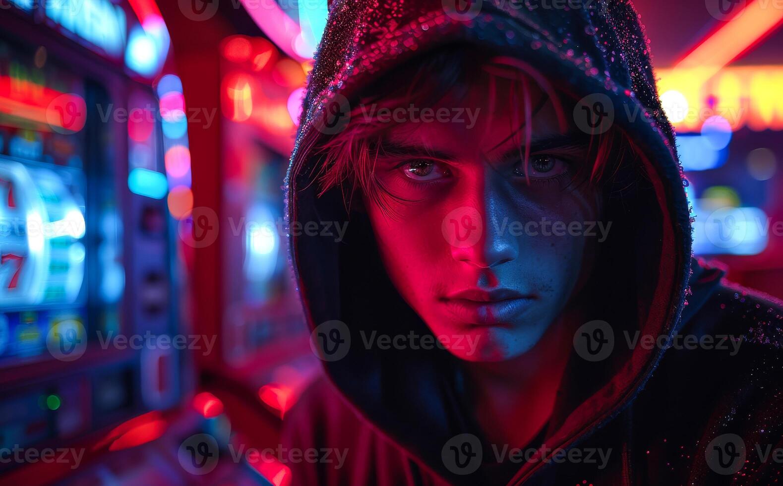 Man in Neon Lights at Arcade. A young man in a blue hoodie stands in front of a row of flashing slot machines in a dimly lit casino. photo