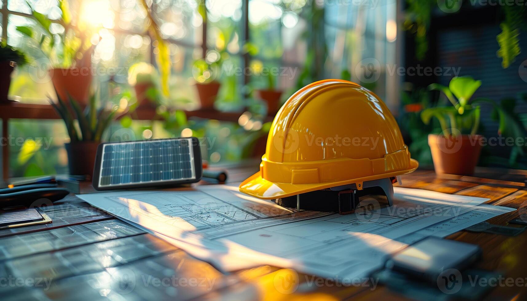 Construction Helmet on Blueprint With Solar Panel. A yellow construction helmet sits on a blueprint with a solar panel in the background photo