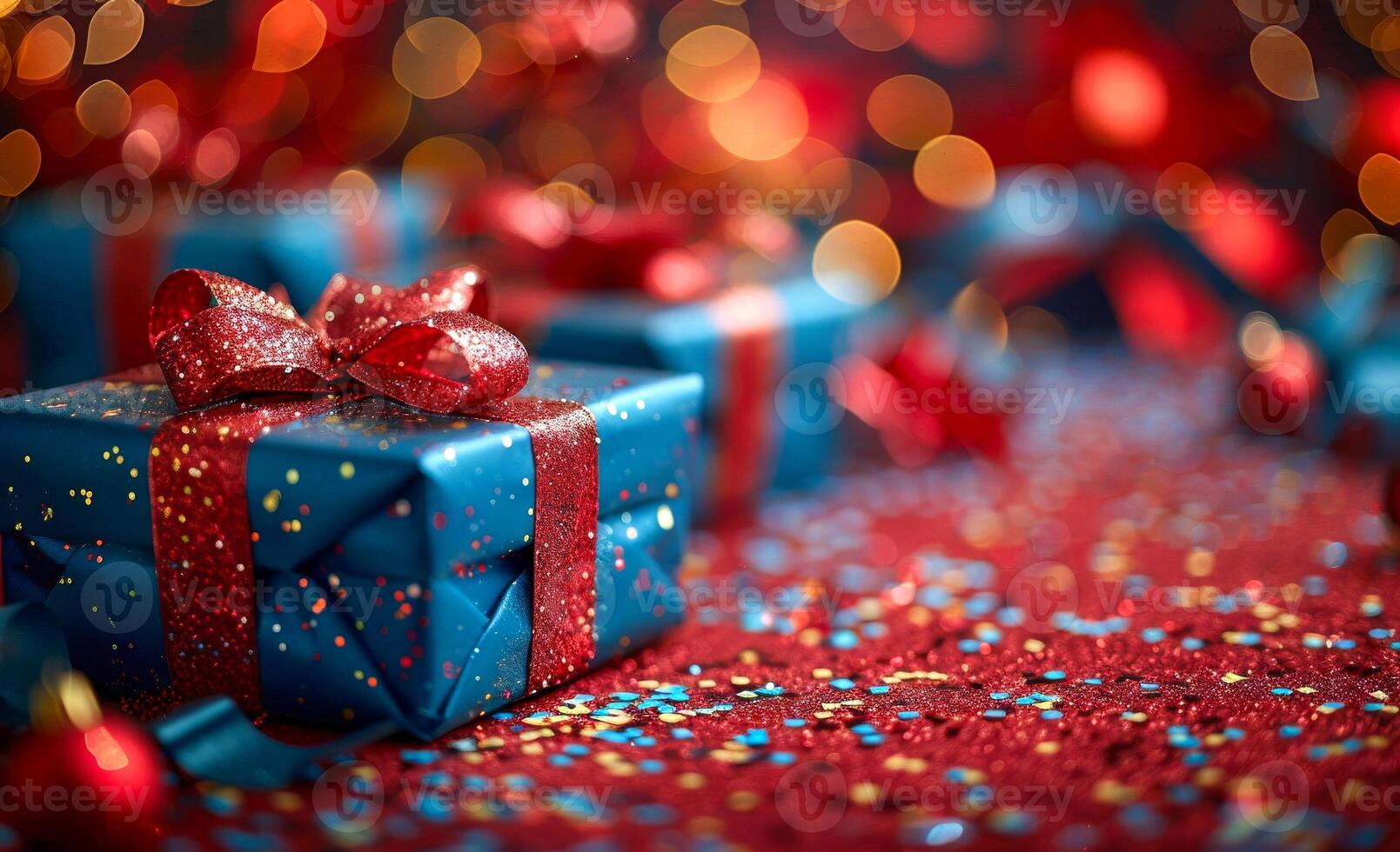 Blue Gift Box With Red Bow On Red Glitter. A blue gift box with a red bow sits on a bed of red glitter with out-of-focus red and yellow lights in the background. photo