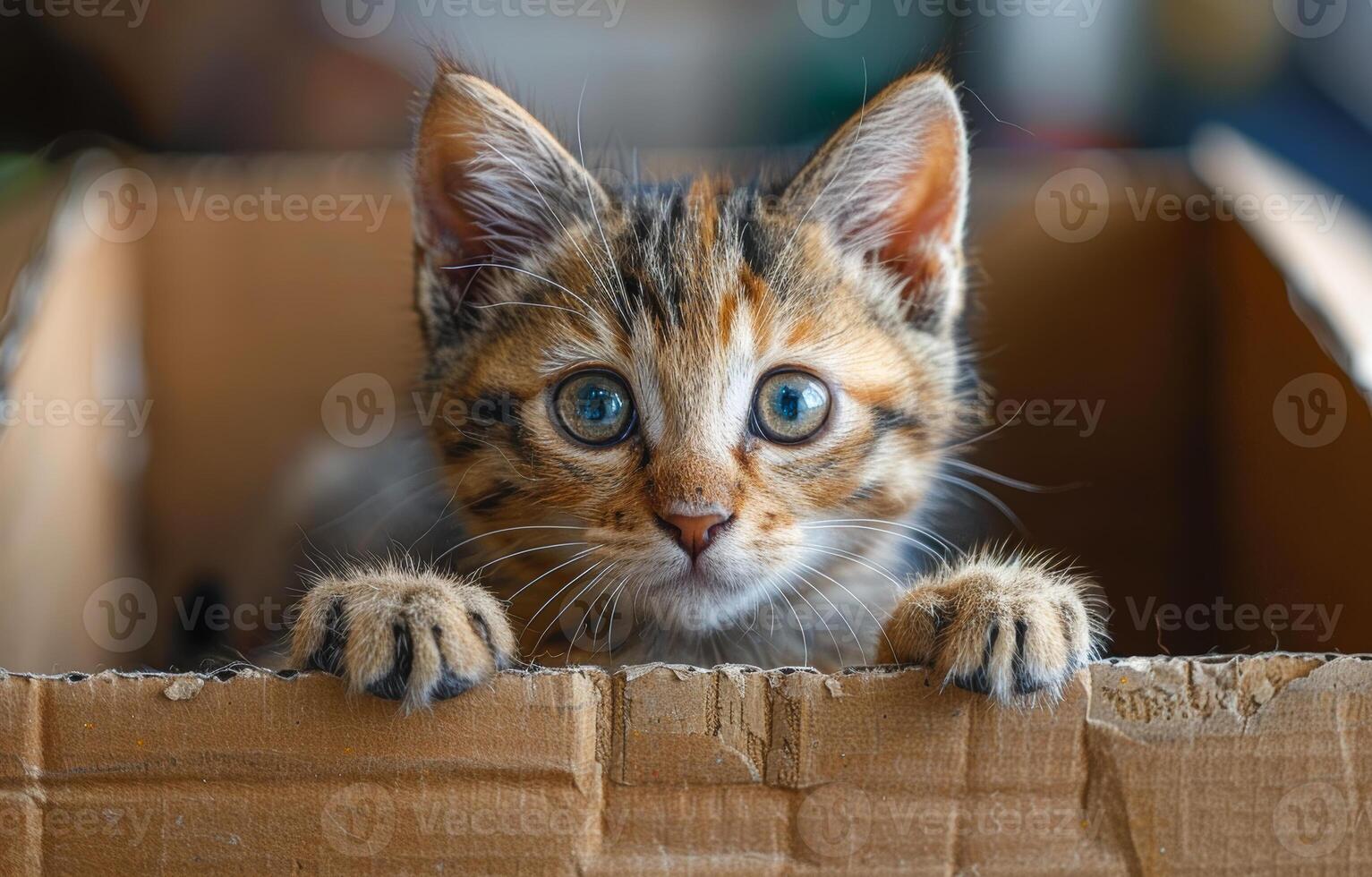 Kitten Peeking From Cardboard Box. A cute tabby kitten with blue eyes peeks out of a cardboard box, looking directly at the camera. photo
