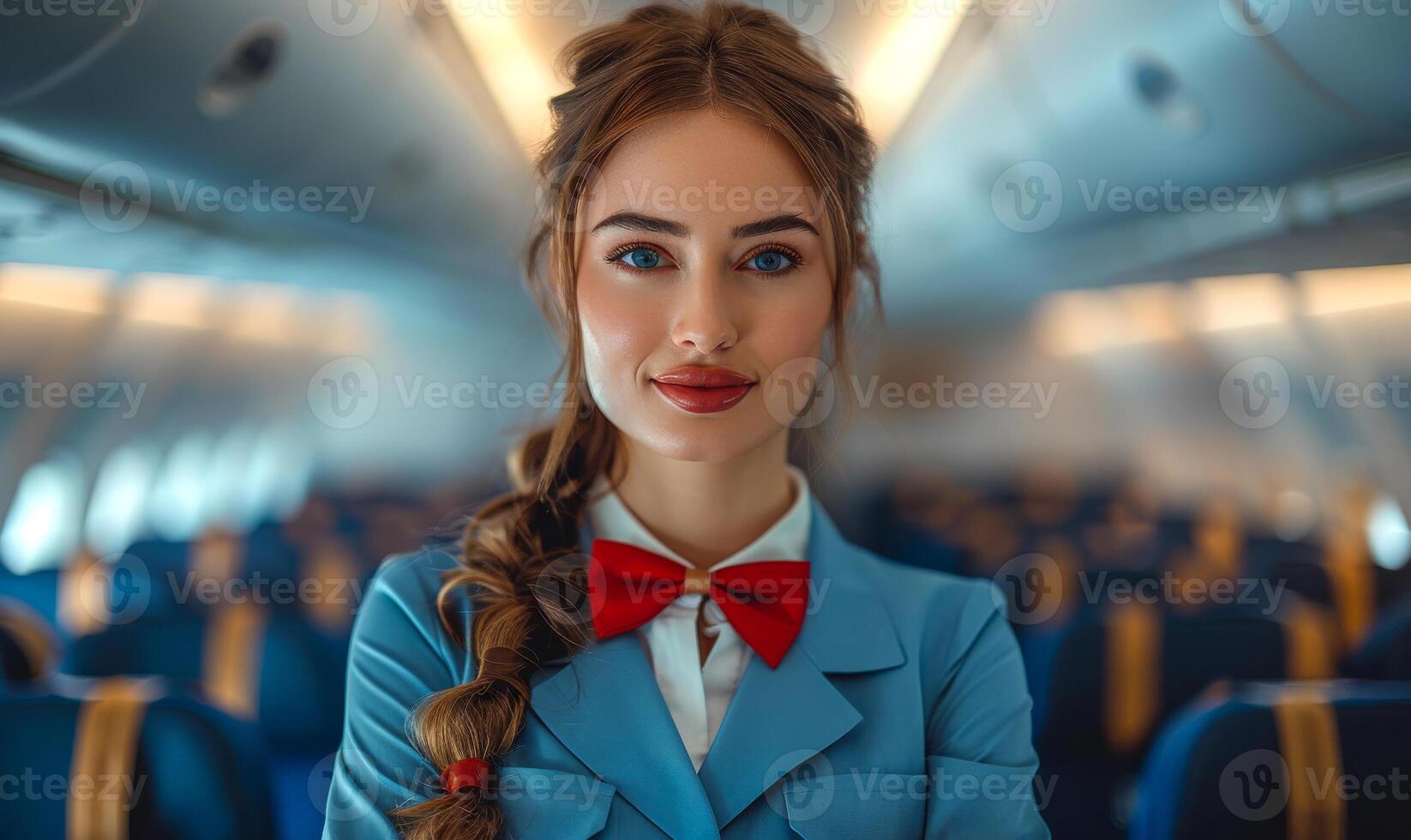 Flight Attendant in Airplane Cabin. A flight attendant smiles warmly as she stands in the aisle of an airplane cabin. photo